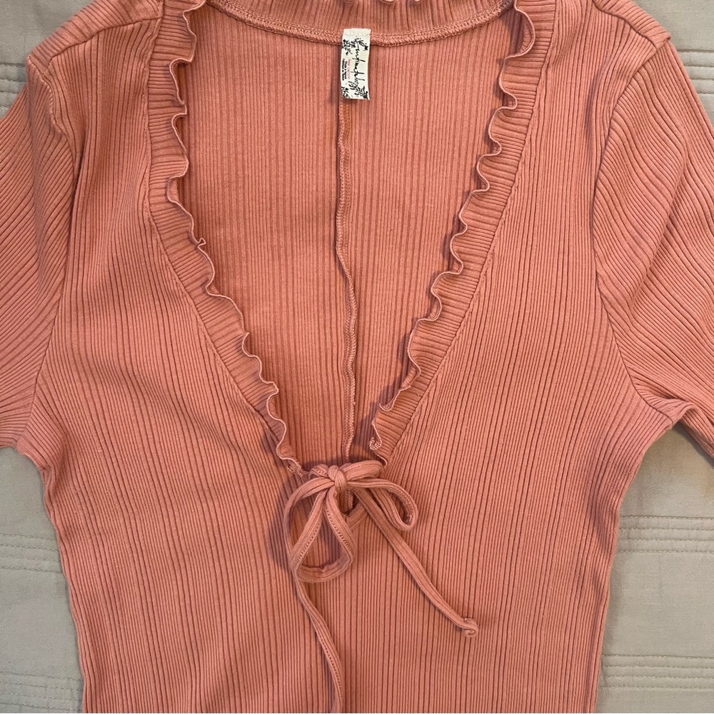Intimately Free People Fall For You Ruffled Tie Front Ribbed Blouse Coral - Picture 4 of 9
